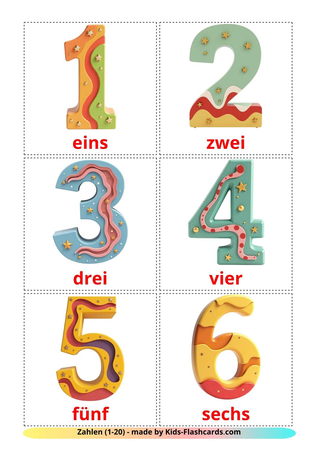 Zahlen (1-20) - 20 kostenlose, druckbare Deutsch Flashcards 