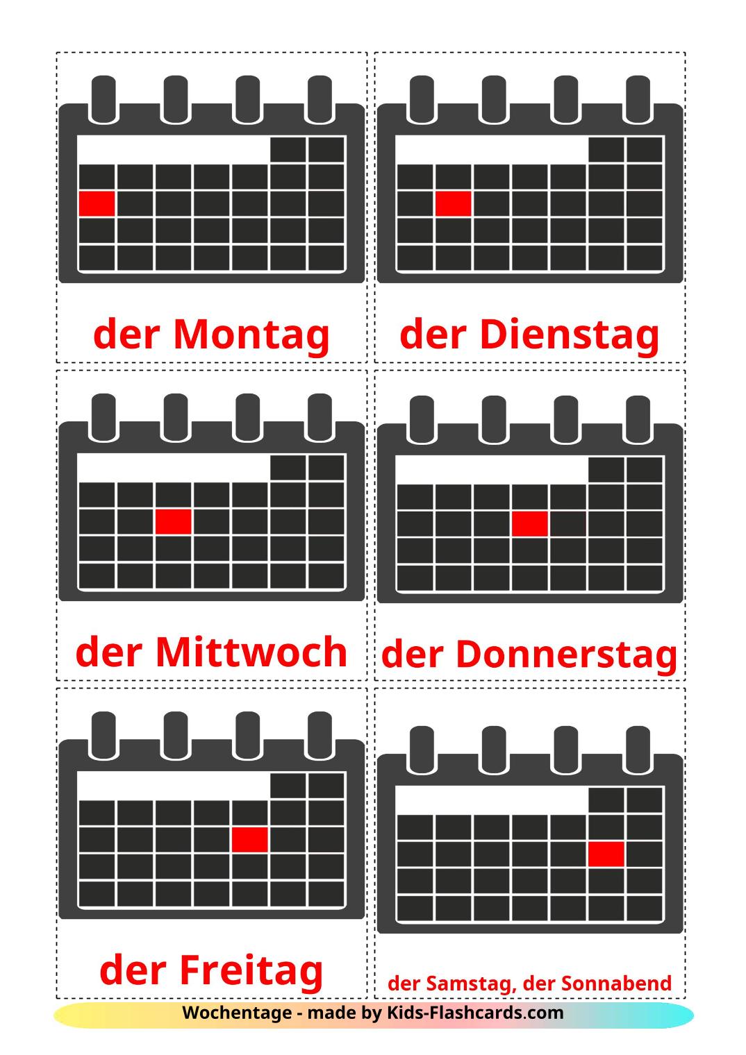 Les Jours de la Semaine - 12 Flashcards allemand imprimables gratuitement