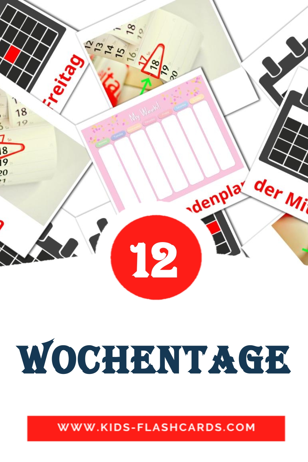 12 cartes illustrées de Wochentage pour la maternelle en allemand
