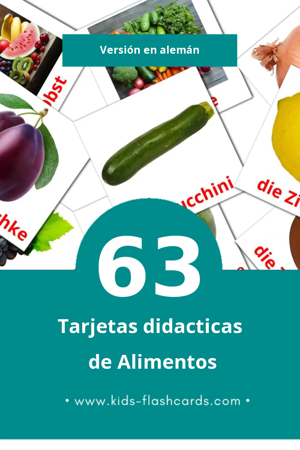 Tarjetas visuales de Lebensmittel para niños pequeños (63 tarjetas en Alemán)