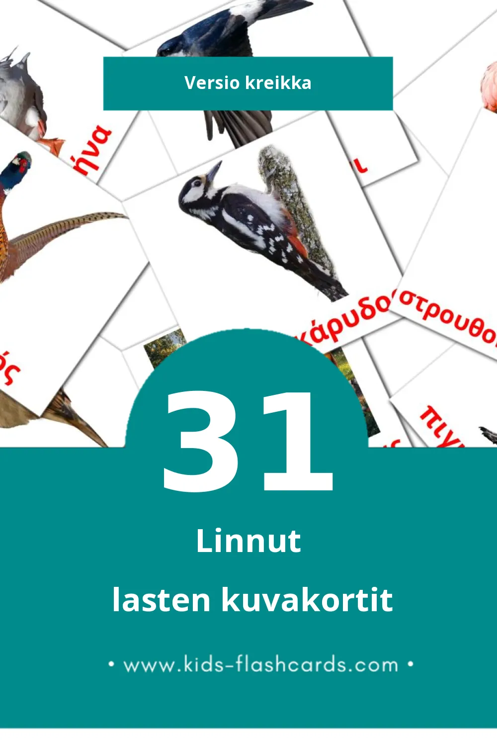 Πουλιά lasten kuvakortit pikkulapsille (31 korttia Kreikkaksi)