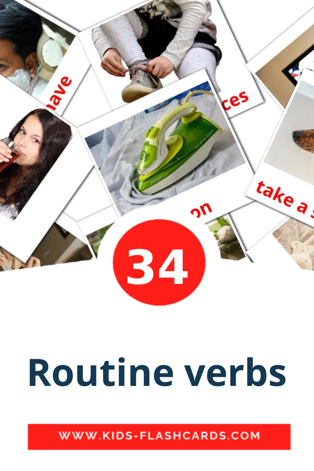 34 Cartões com Imagens de Routine verbs para Jardim de Infância em inglês