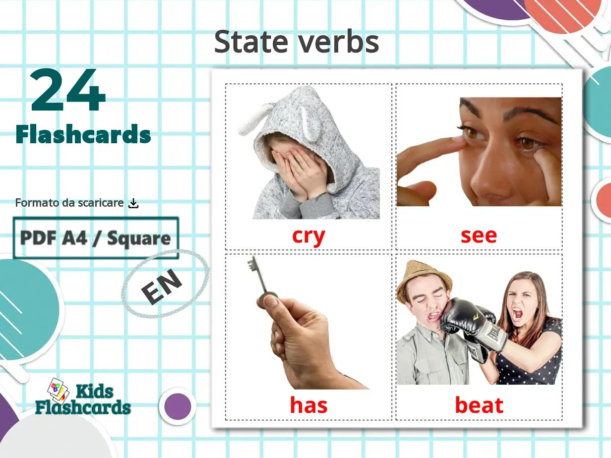 24 Flashcard GRATUITE sui Verbi di Stato in 4 Formati PDF | Immagini in