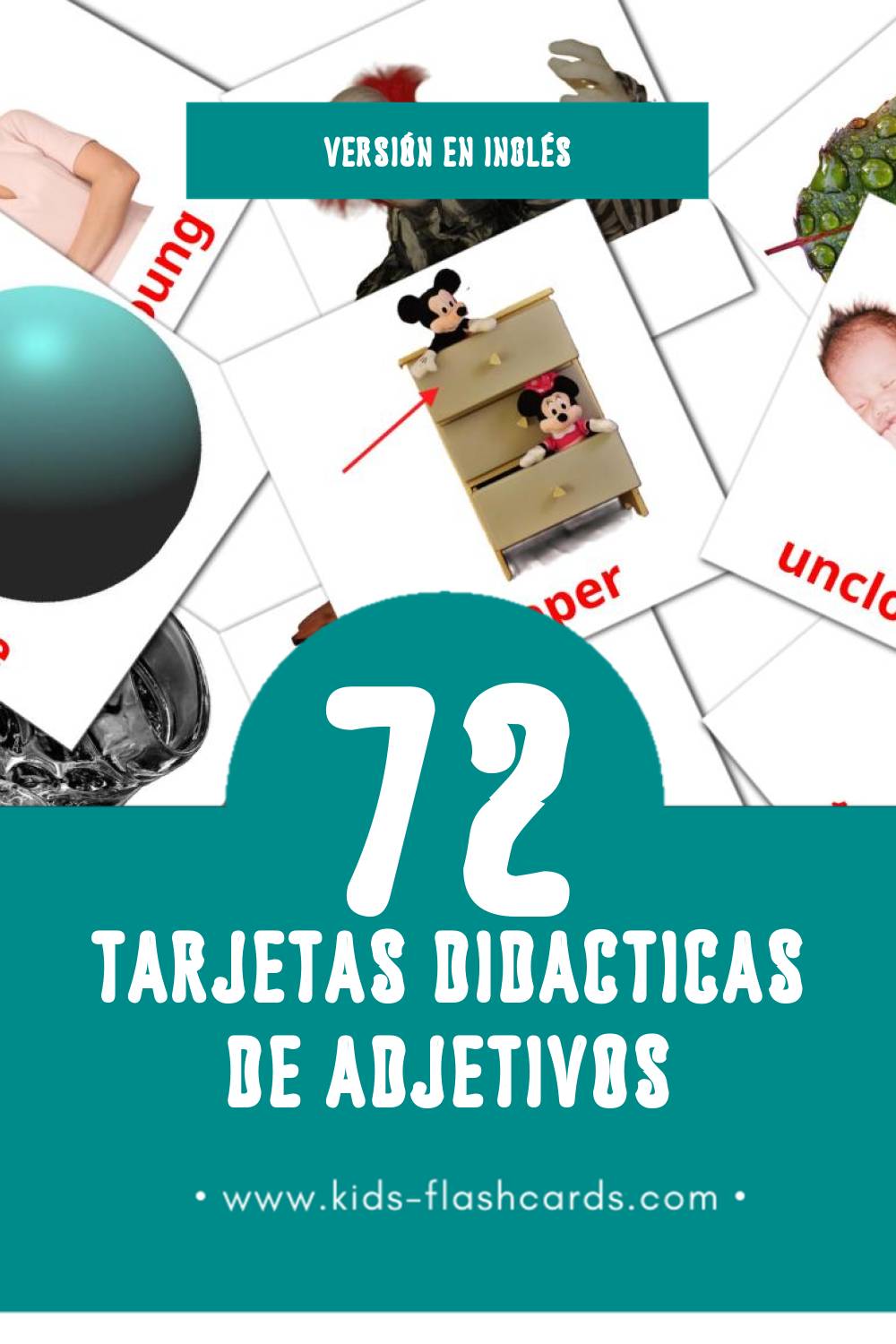 Tarjetas visuales de Adjectives para niños pequeños (72 tarjetas en Inglés)