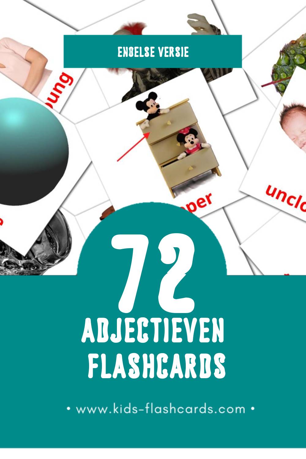 Visuele Adjectives Flashcards voor Kleuters (72 kaarten in het Engels)