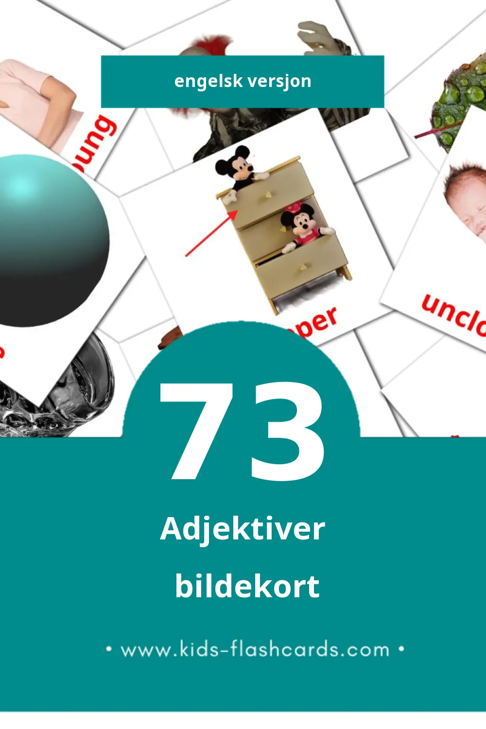 Visuelle Adjectives bildekort for småbarn (73 kort på Engelsk)