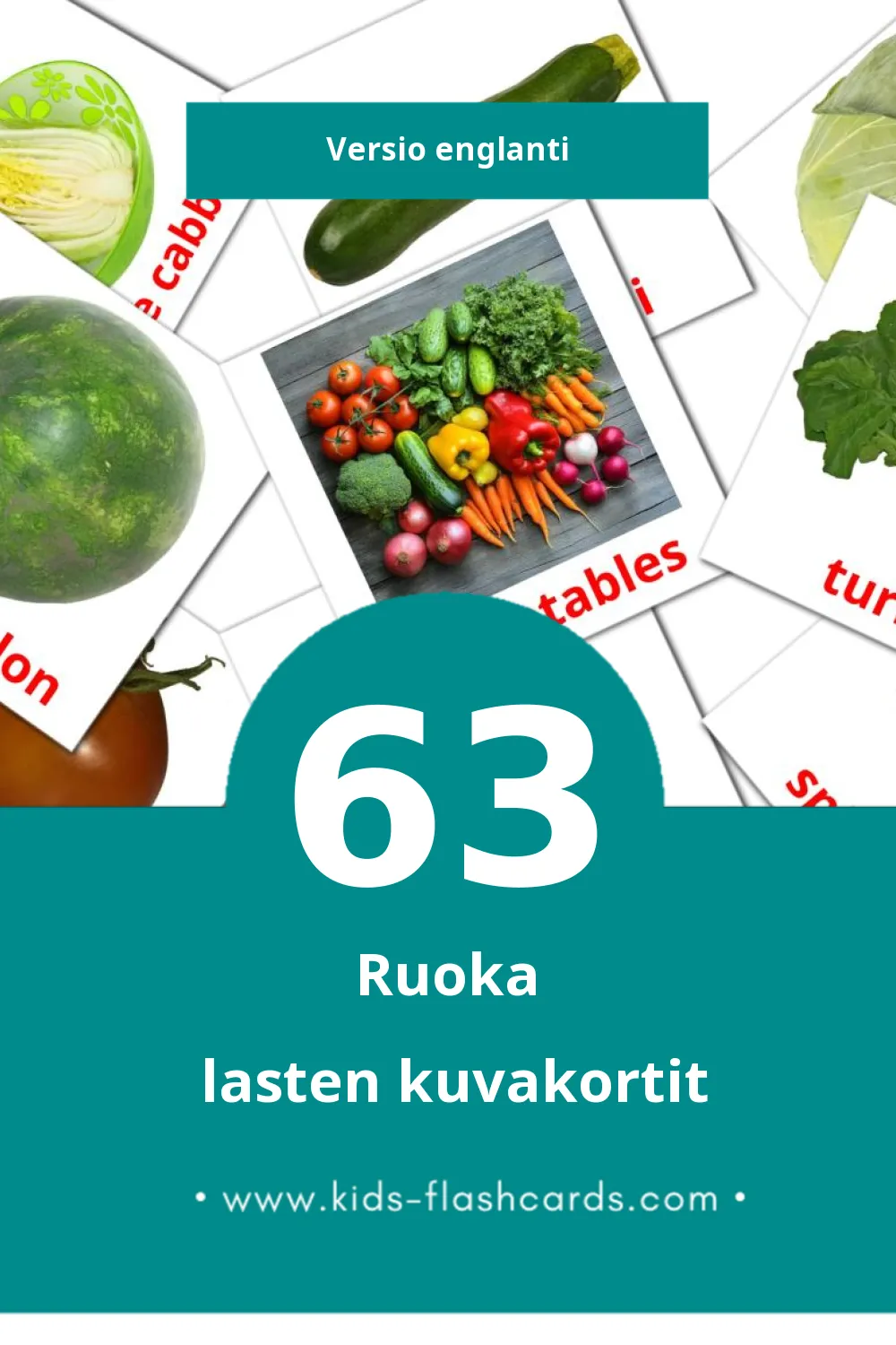Food lasten kuvakortit pikkulapsille (63 korttia Englantiksi)