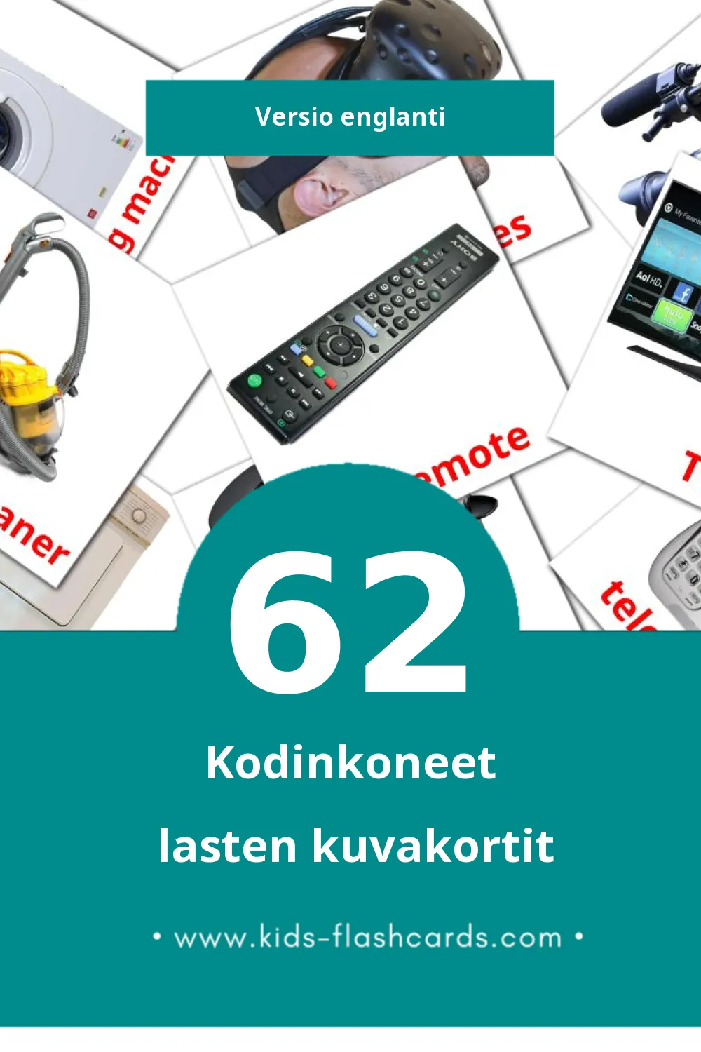 Household Appliances lasten kuvakortit pikkulapsille (62 korttia Englantiksi)
