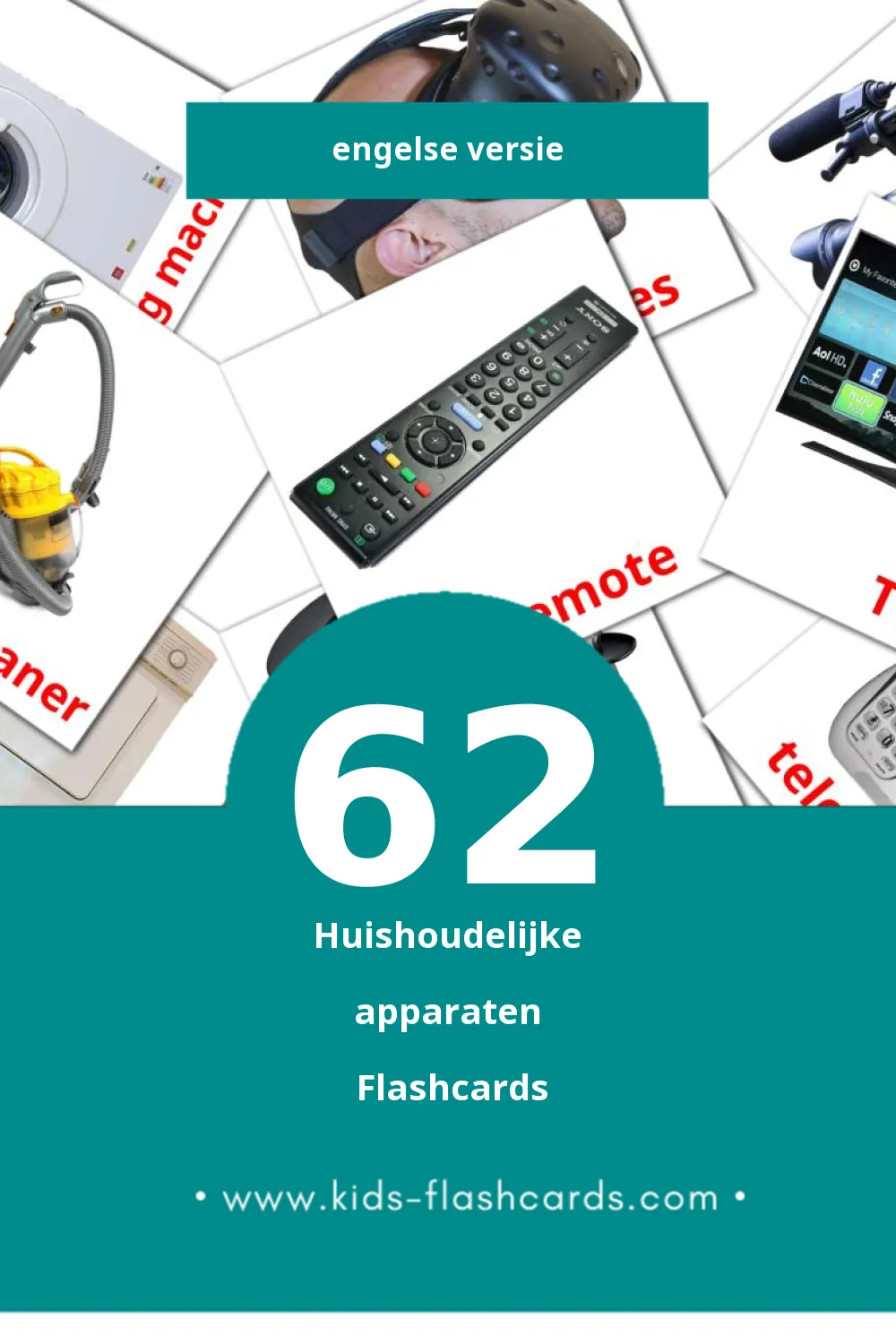 Visuele Household Appliances Flashcards voor Kleuters (62 kaarten in het Engels)