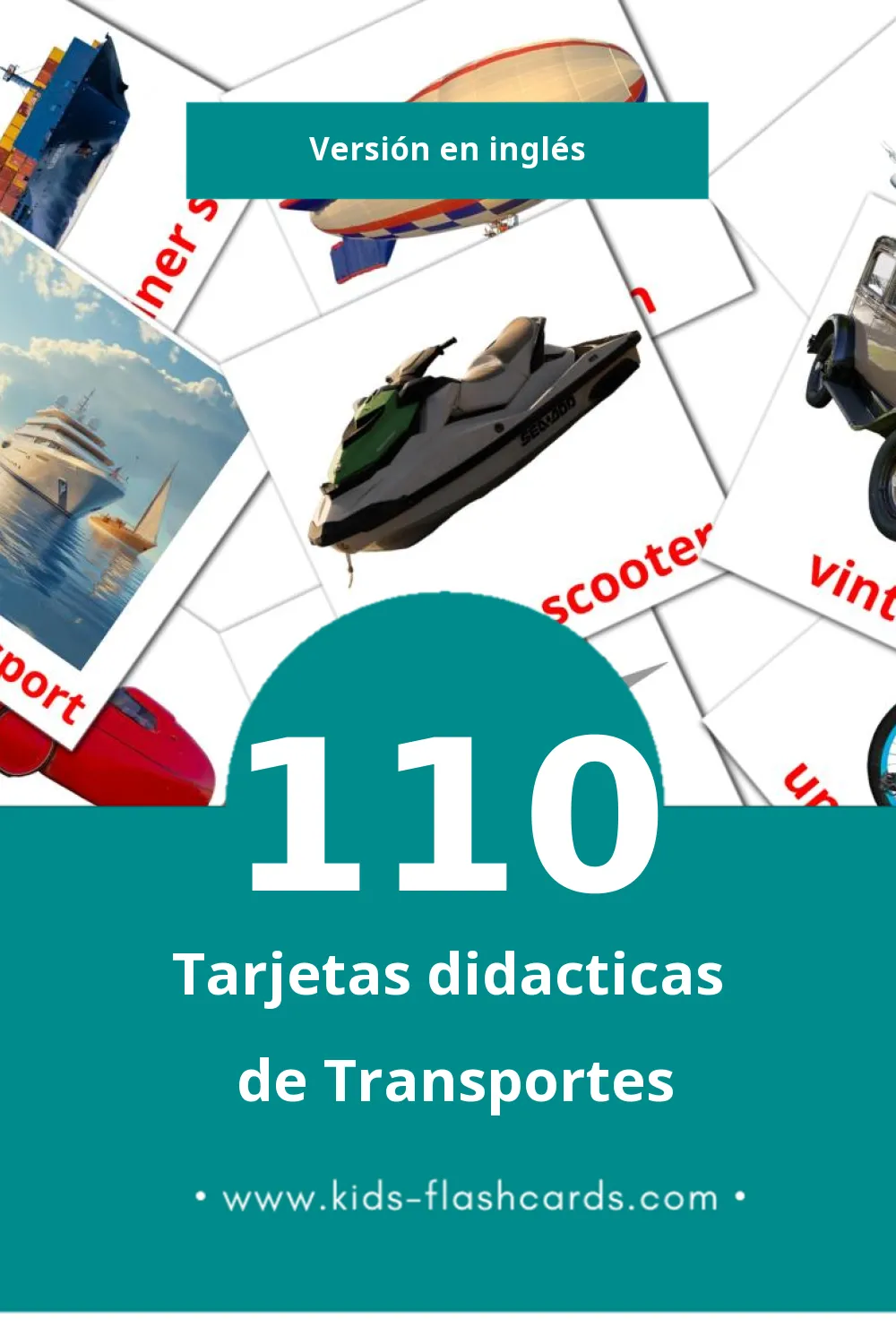 Tarjetas visuales de Transport para niños pequeños (110 tarjetas en Inglés)