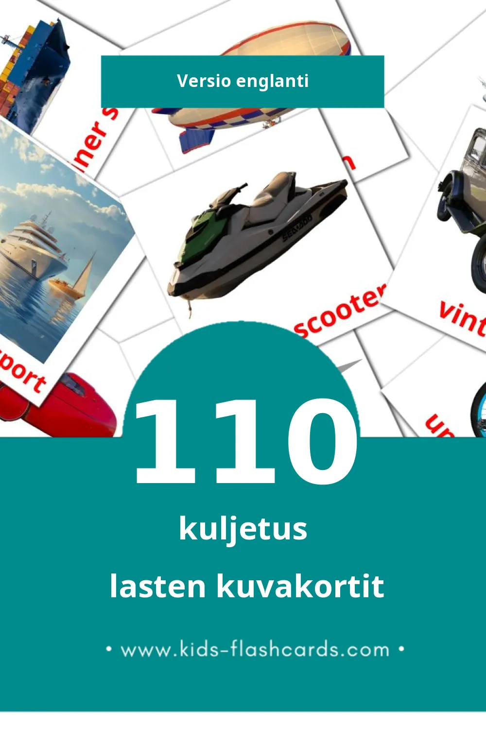 Transport lasten kuvakortit pikkulapsille (110 korttia Englantiksi)