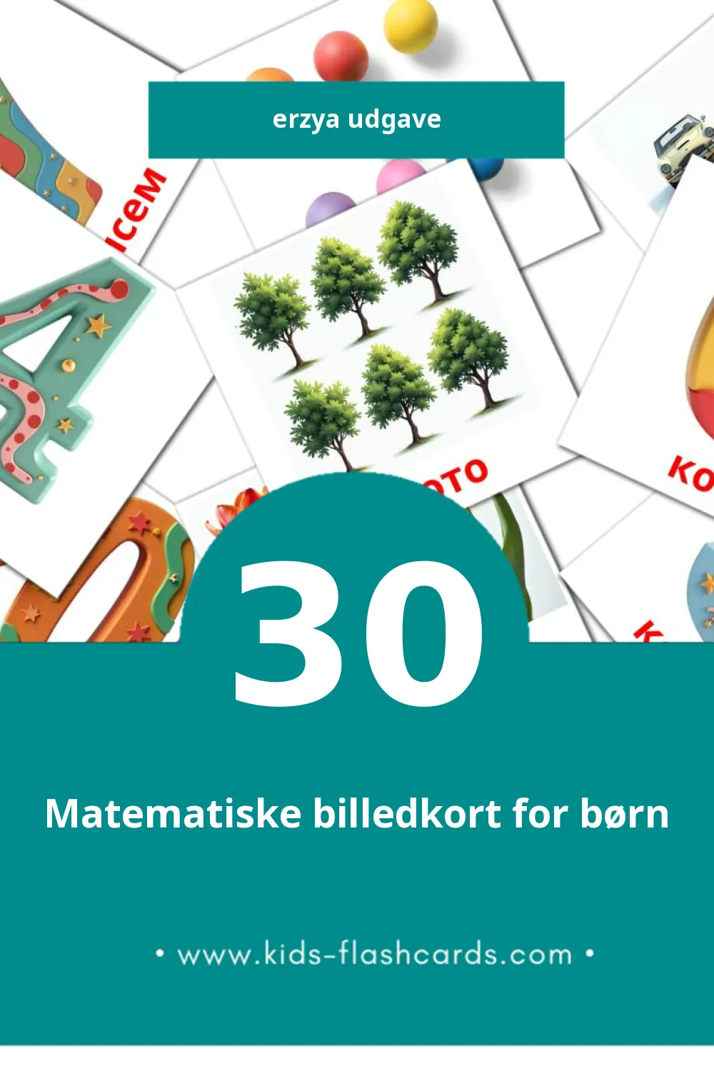 Visuelle billedkort for børn om Математика til småbørn (30 kort på Erzya)