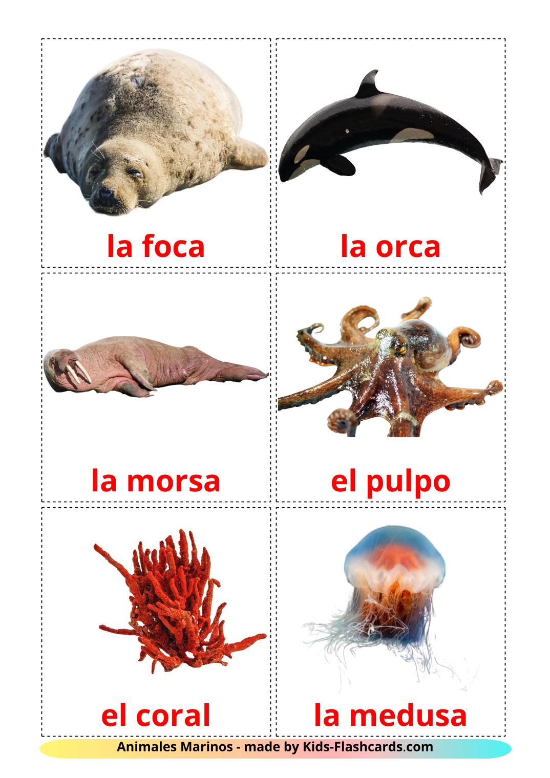 Les Animaux Marins - 29 Flashcards espagnol imprimables gratuitement