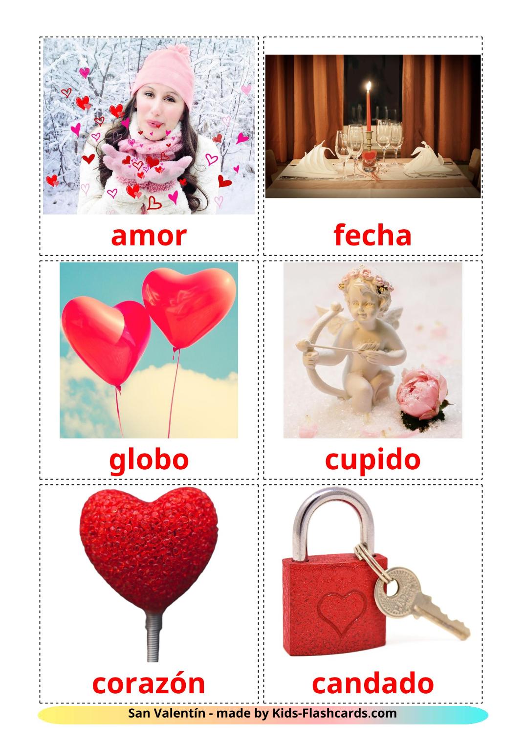 Valentine's Day - 18 Free Printable spanish Flashcards 