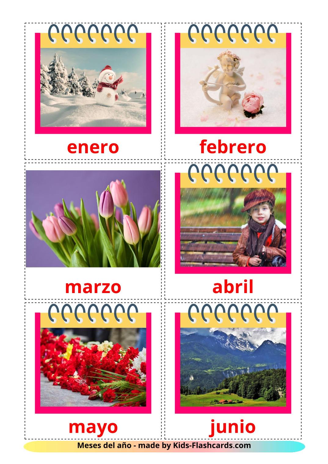 Les Mois de l'année - 12 Flashcards espagnol imprimables gratuitement