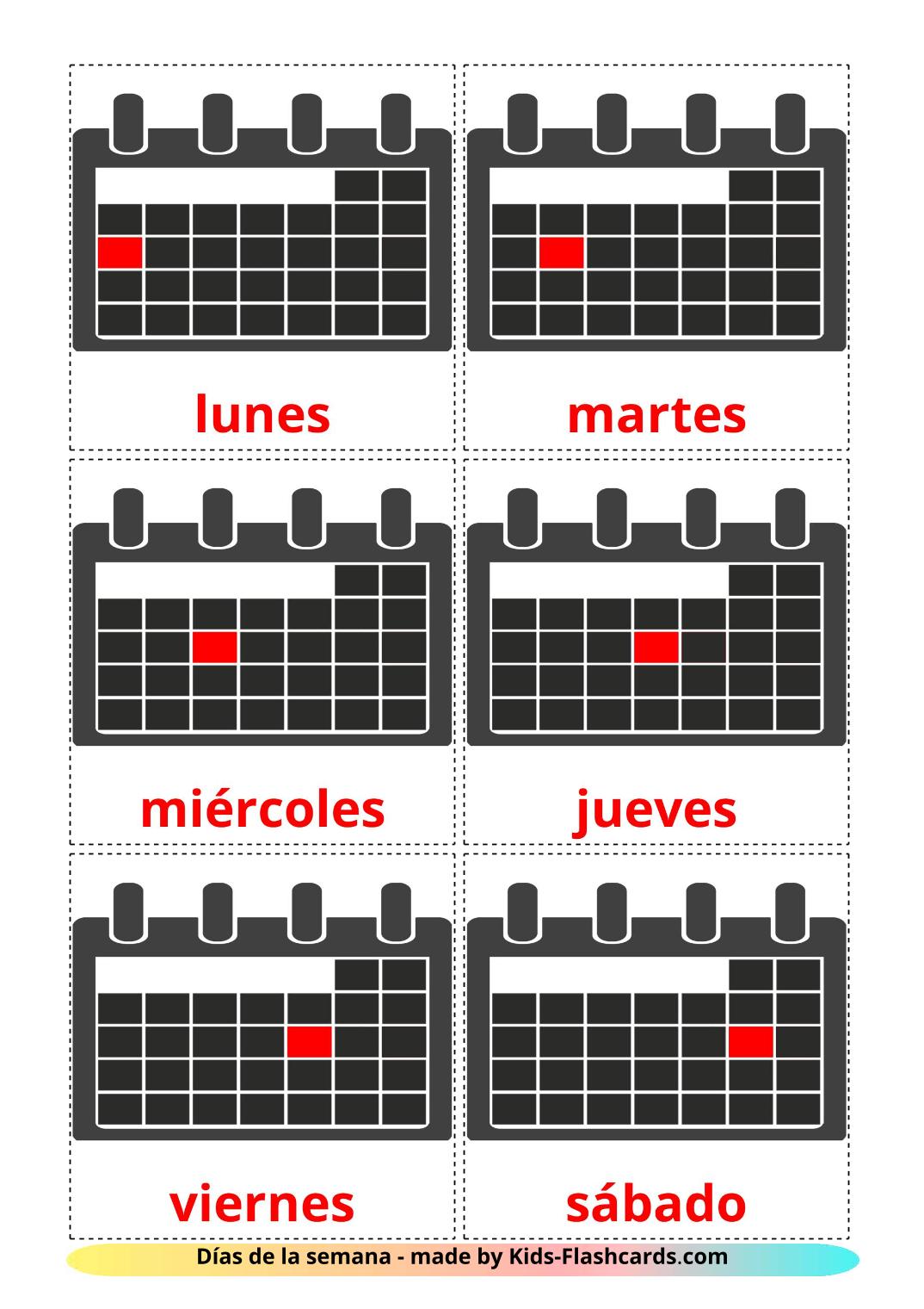Days of Week - 12 Free Printable spanish Flashcards 
