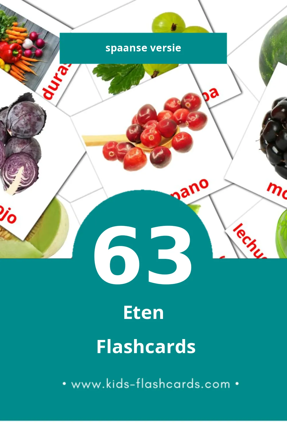 Visuele Alimentos Flashcards voor Kleuters (63 kaarten in het Spaans)