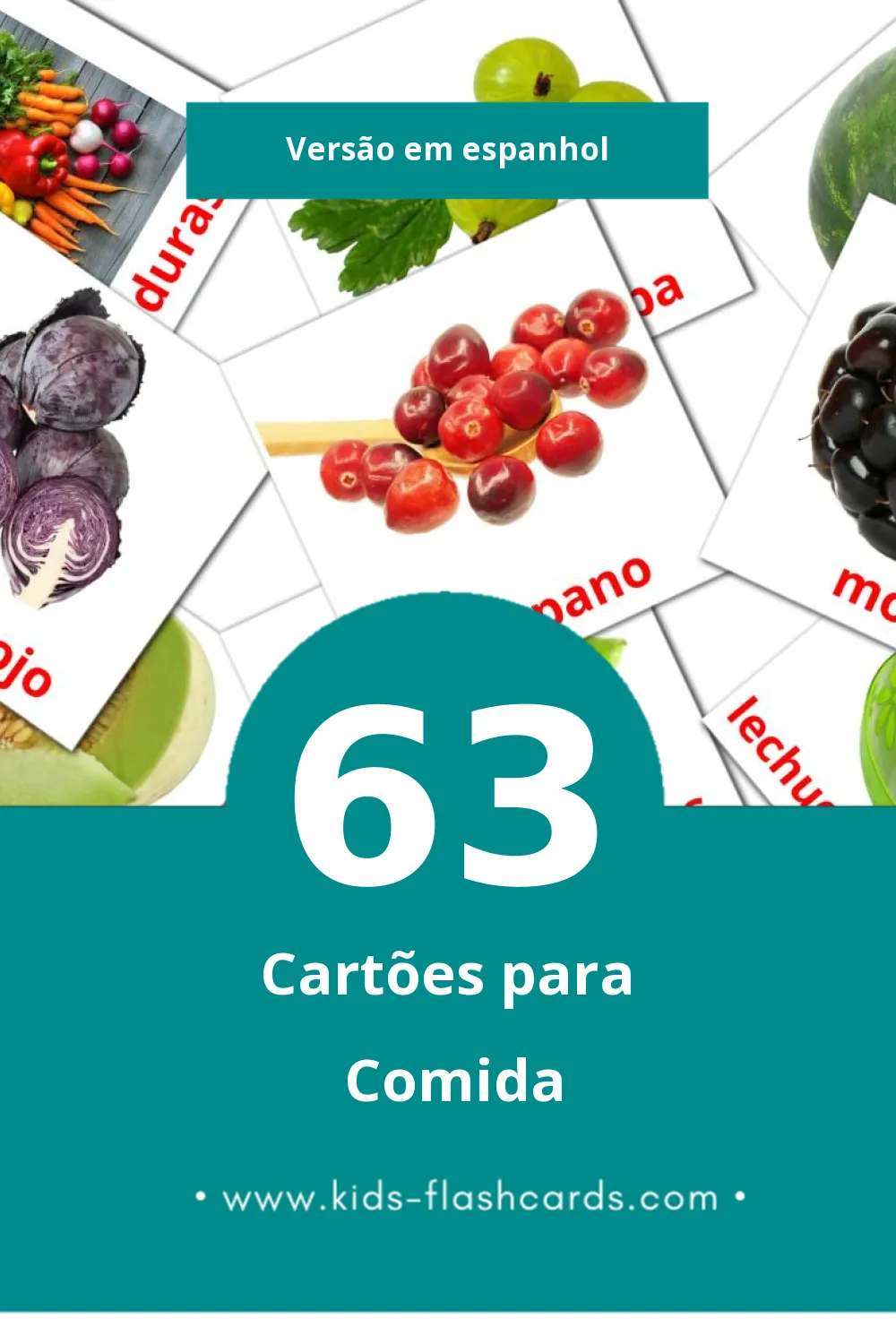 Flashcards de Alimentos Visuais para Toddlers (63 cartões em Espanhol)