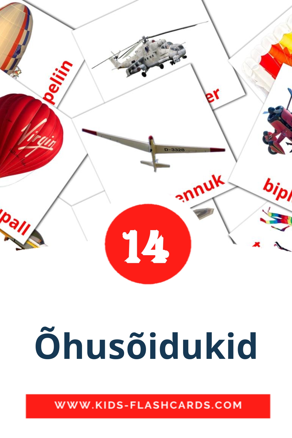 14 tarjetas didacticas de Õhusõidukid para el jardín de infancia en estonio