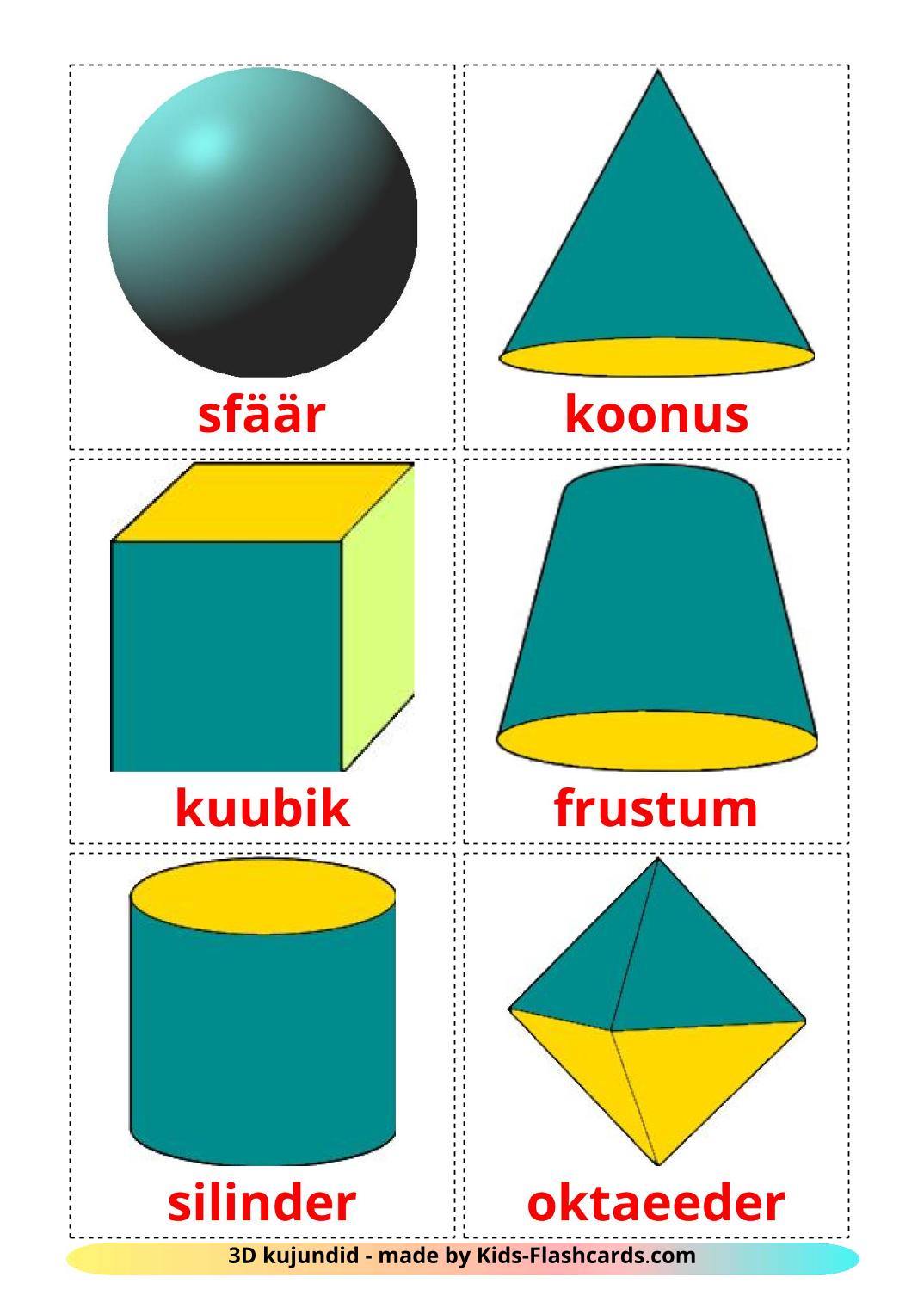 Géométrie en 3 Dimensions - 17 Flashcards estonien imprimables gratuitement