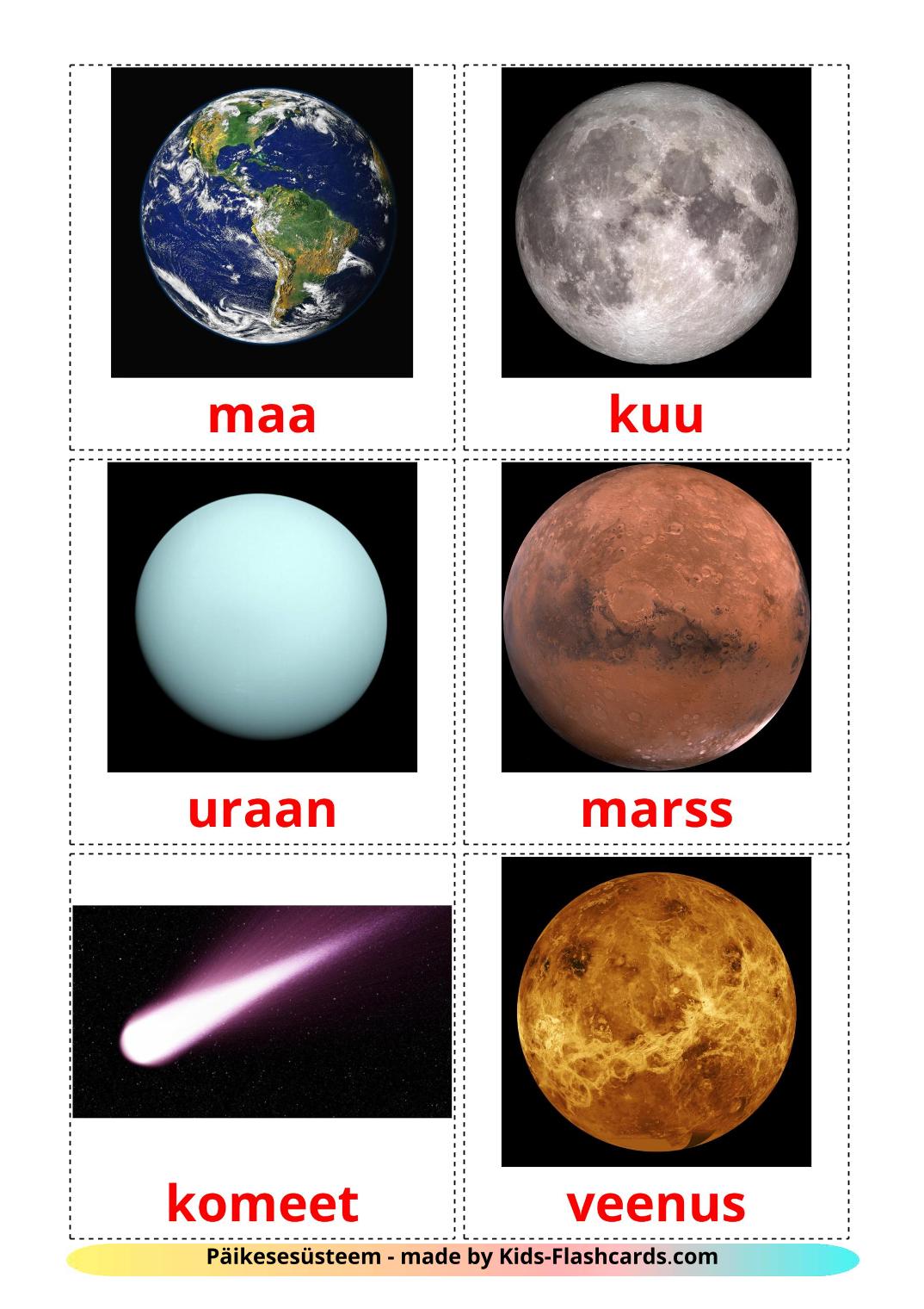 Sonnensystem - 21 kostenlose, druckbare Estnisch Flashcards 