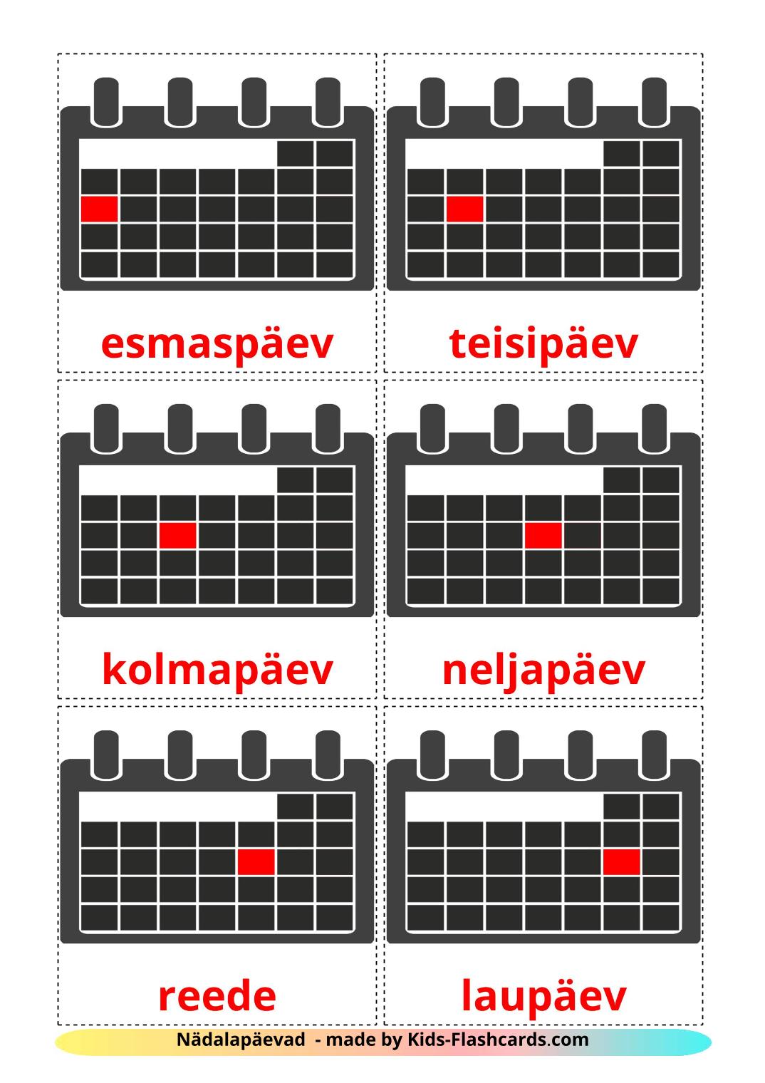 Les Jours de la Semaine - 12 Flashcards estonien imprimables gratuitement