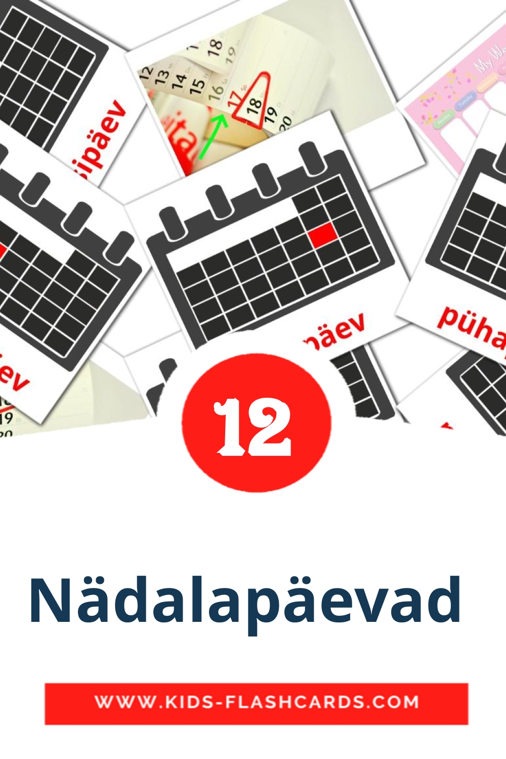 12 Cartões com Imagens de Nädalapäevad  para Jardim de Infância em estoniano