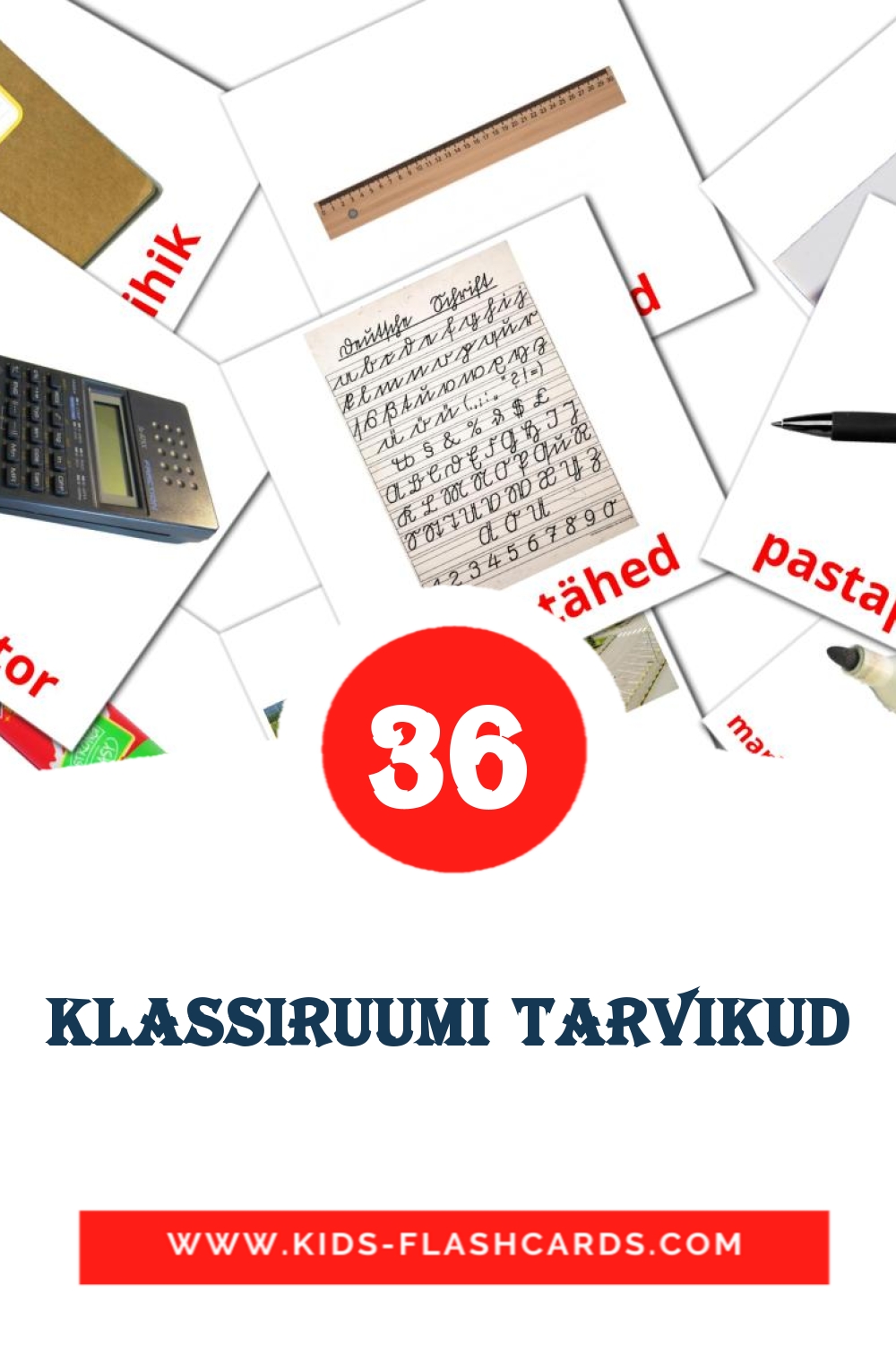 36 cartes illustrées de Klassiruumi tarvikud pour la maternelle en estonien