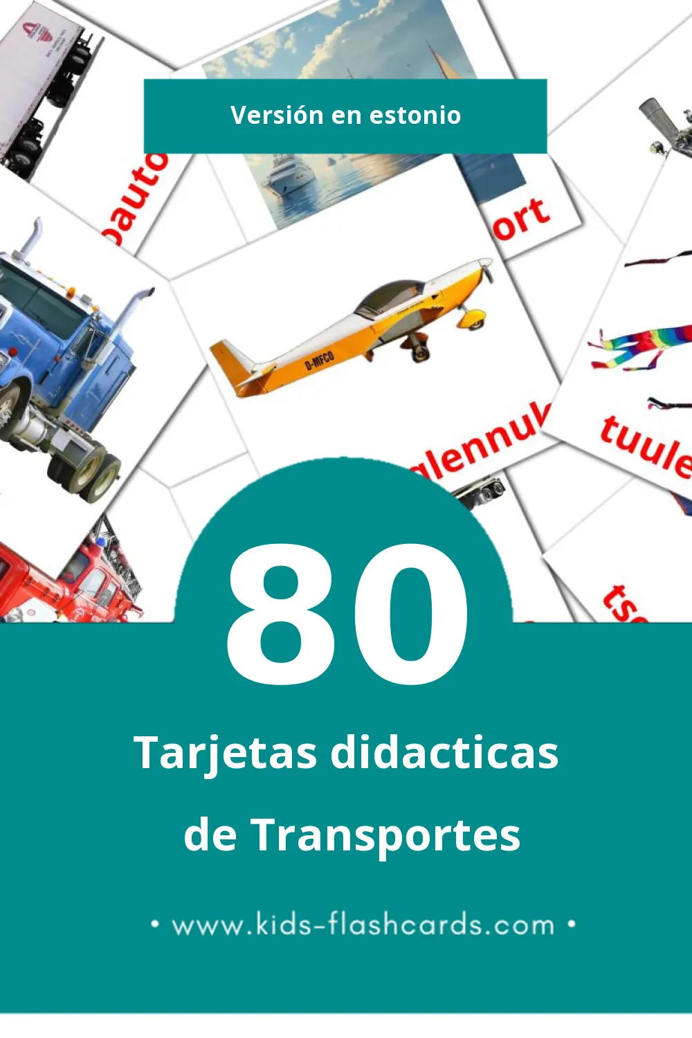 Tarjetas visuales de Transport para niños pequeños (80 tarjetas en Estonio)