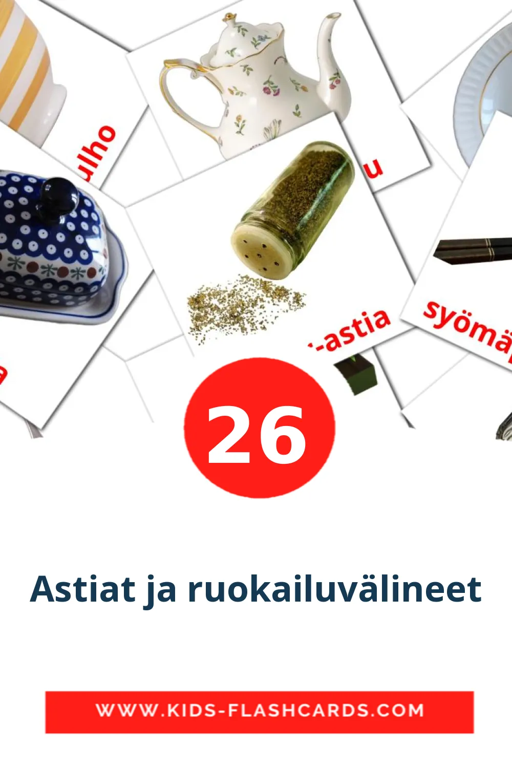 26 tarjetas didacticas de Astiat ja ruokailuvälineet para el jardín de infancia en finlandés