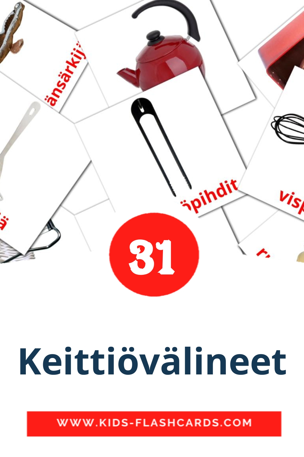 31 cartes illustrées de Keittiövälineet pour la maternelle en finlandais