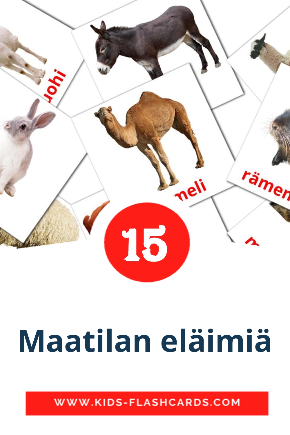15 Maatilan eläimiä Picture Cards for Kindergarden in finnish