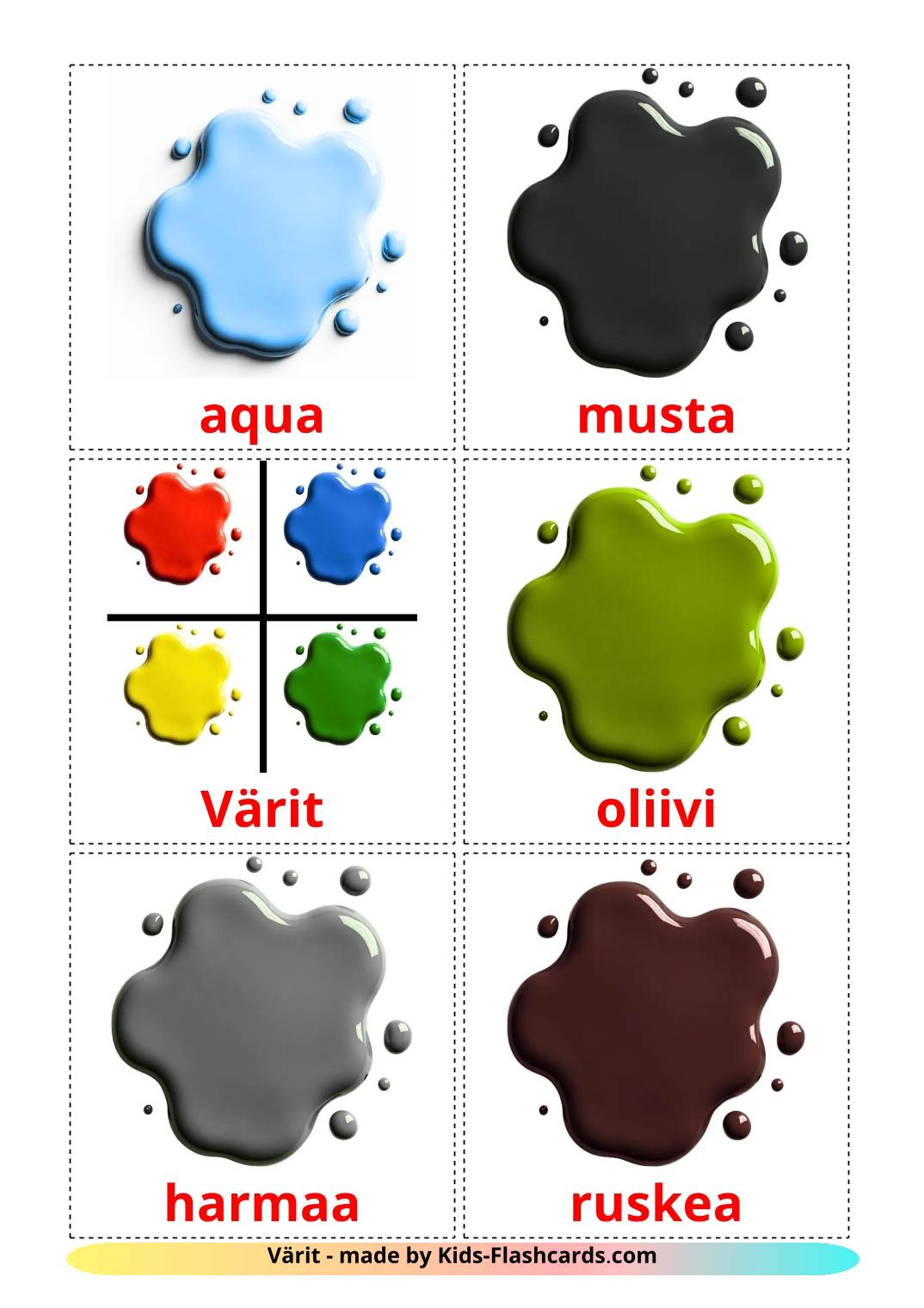 Couleurs - 21 Flashcards finlandais imprimables gratuitement