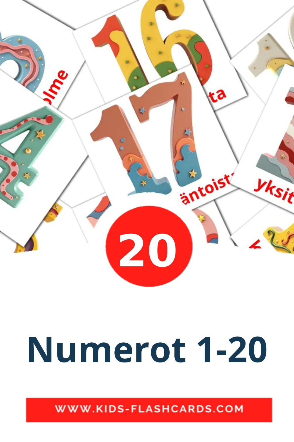 20 tarjetas didacticas de Numerot 1-20 para el jardín de infancia en finlandés