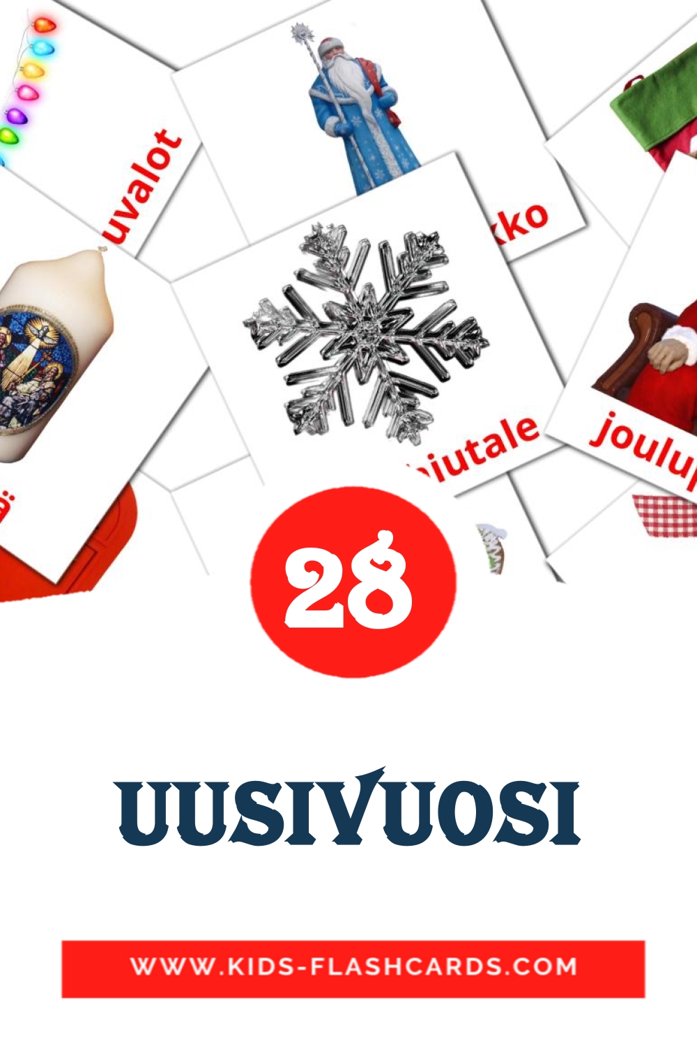 28 tarjetas didacticas de Uusivuosi para el jardín de infancia en finlandés