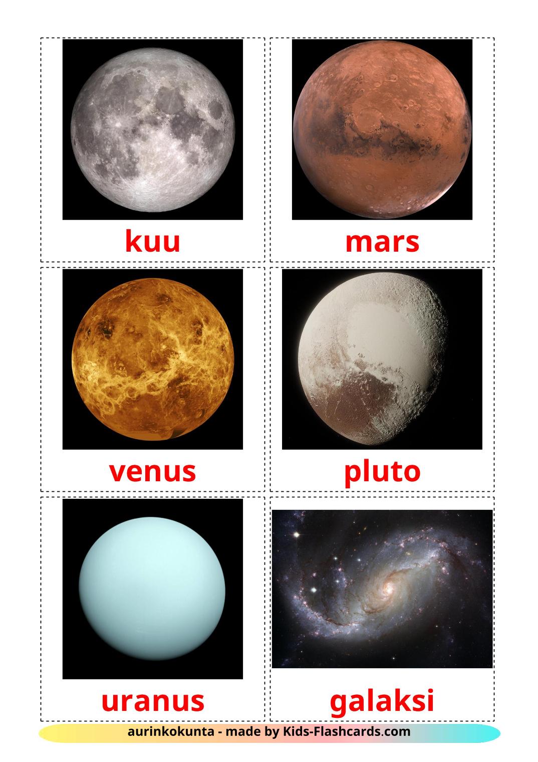 Sonnensystem - 21 kostenlose, druckbare Finnisch Flashcards 