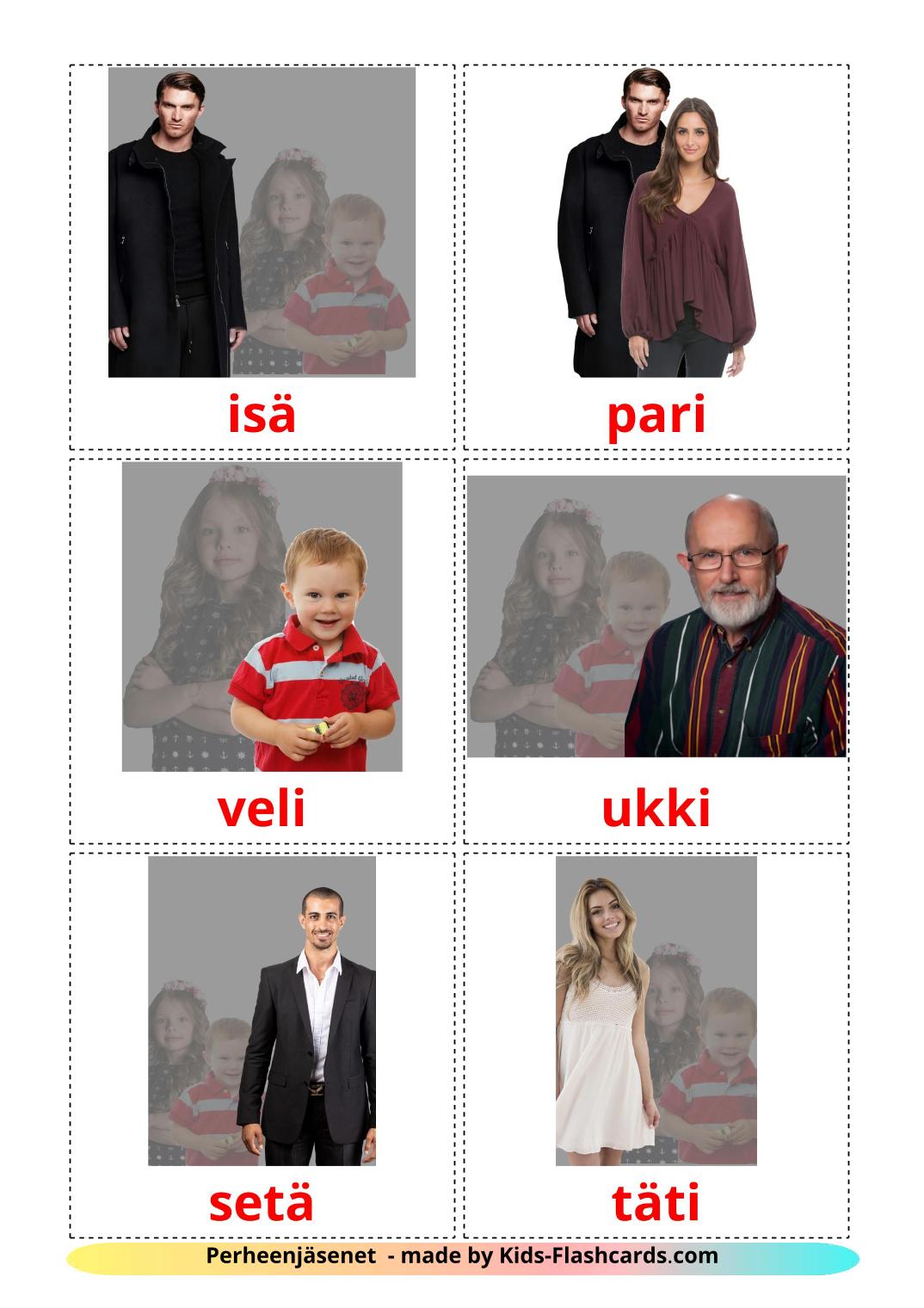 Les Membres de la Famille - 32 Flashcards finlandais imprimables gratuitement