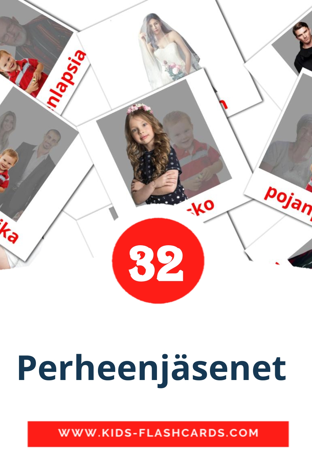 32 cartes illustrées de Perheenjäsenet  pour la maternelle en finlandais