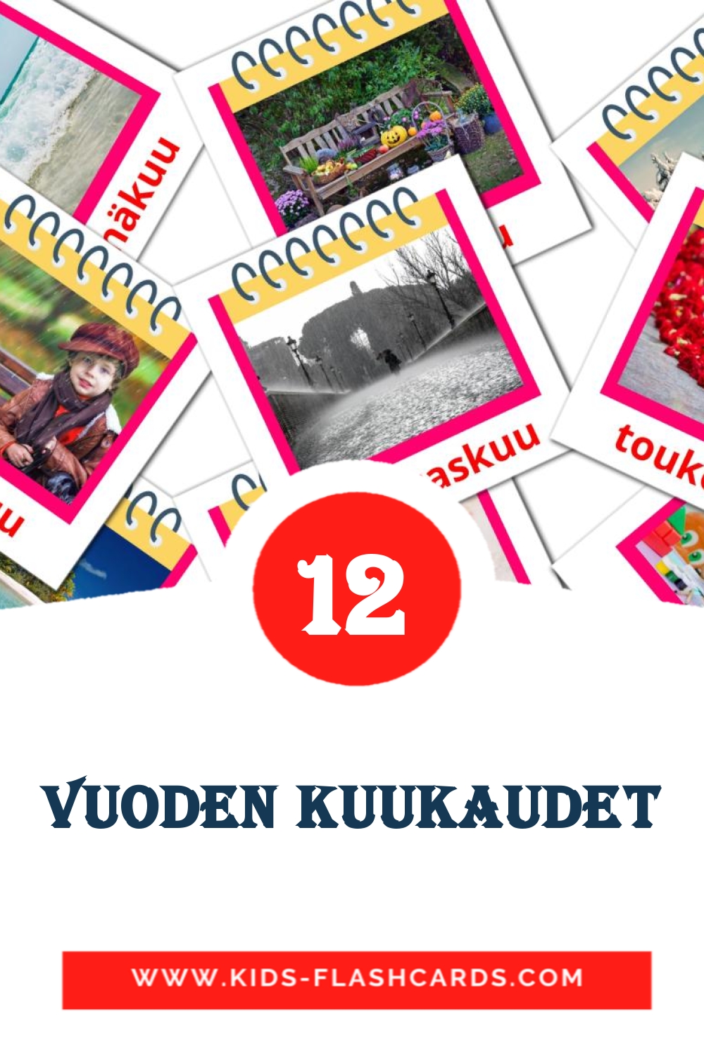 12 cartes illustrées de Vuoden kuukaudet pour la maternelle en finlandais