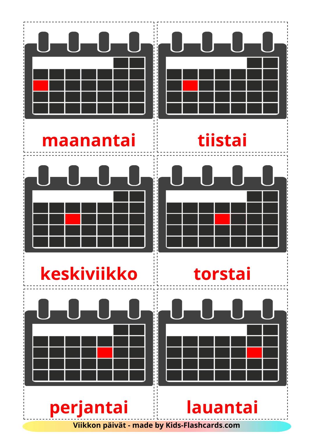 Les Jours de la Semaine - 12 Flashcards finlandais imprimables gratuitement