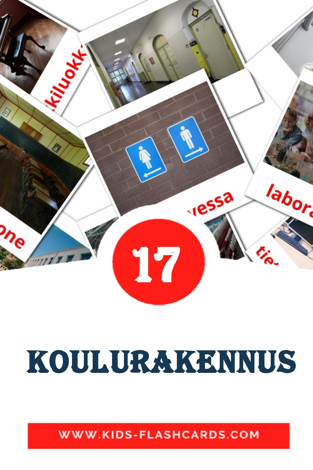 17 cartes illustrées de  koulurakennus pour la maternelle en finlandais