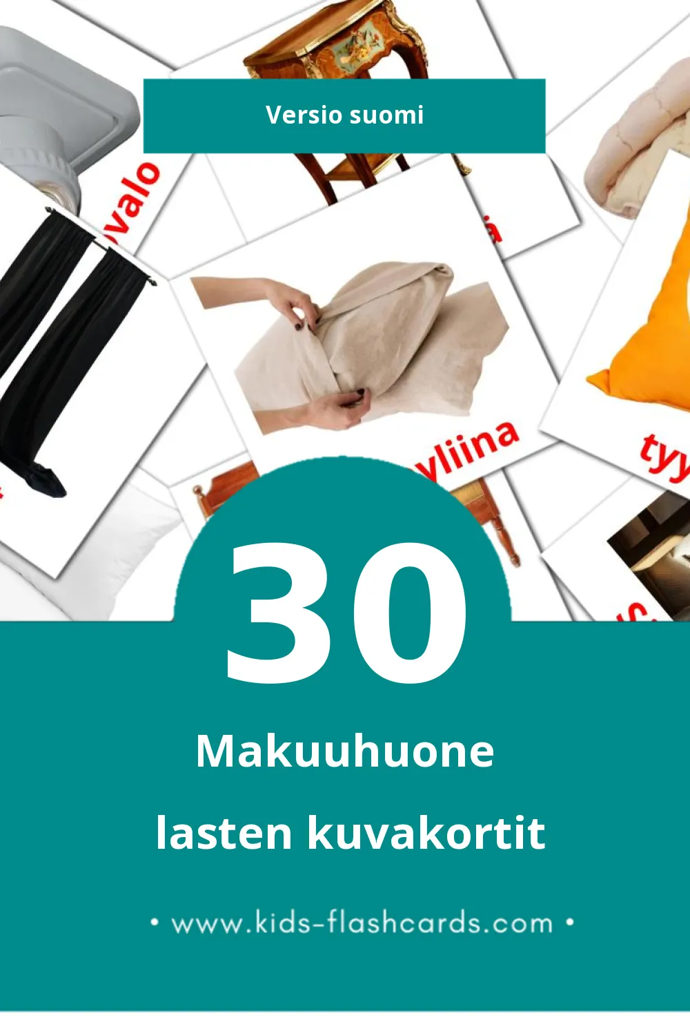 Makuuhuone lasten kuvakortit pikkulapsille (30 korttia Suomiksi)