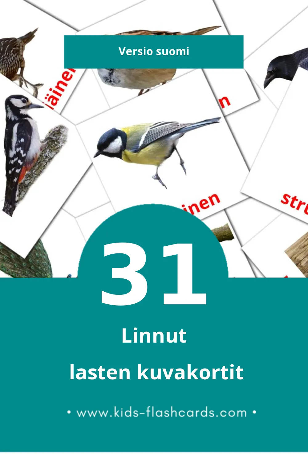 Linnut lasten kuvakortit pikkulapsille (31 korttia Suomiksi)
