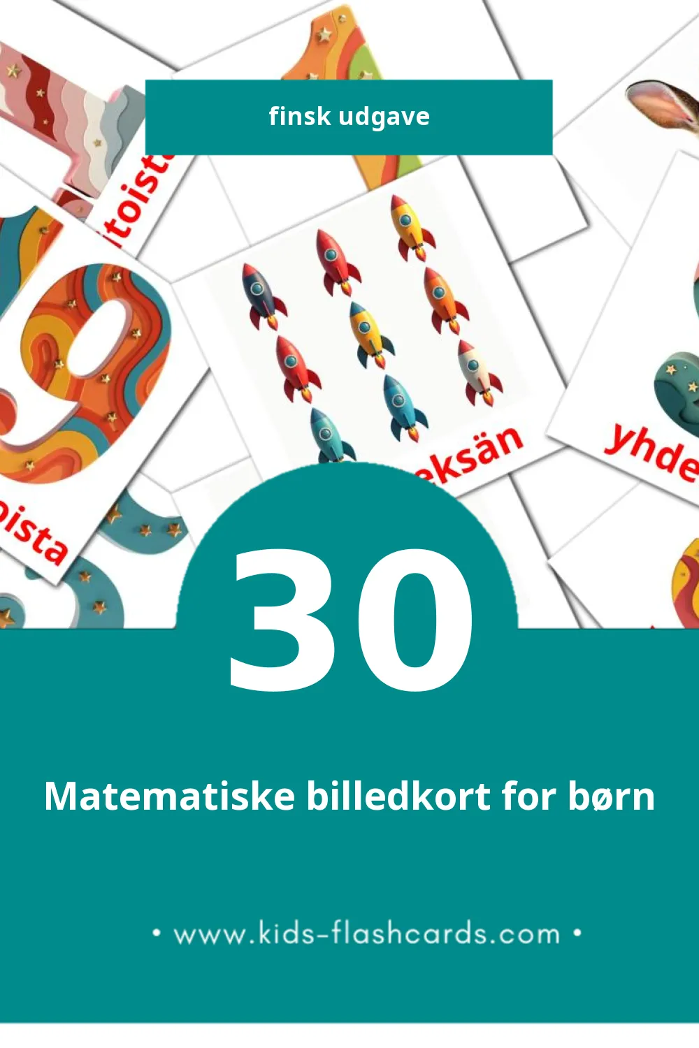 Visuelle billedkort for børn om Matematiikka til småbørn (30 kort på Finsk)