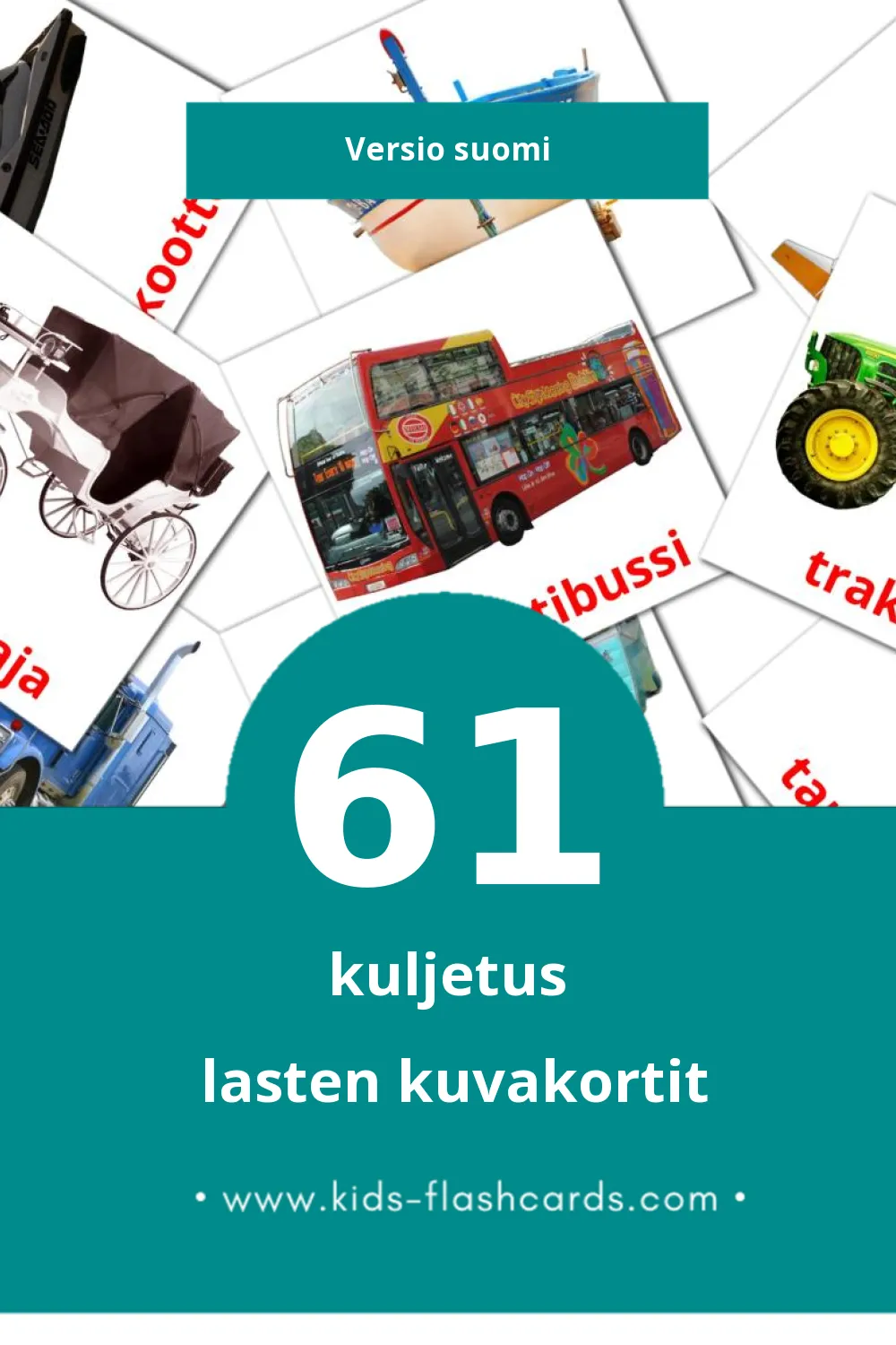 kuljetus lasten kuvakortit pikkulapsille (61 korttia Suomiksi)