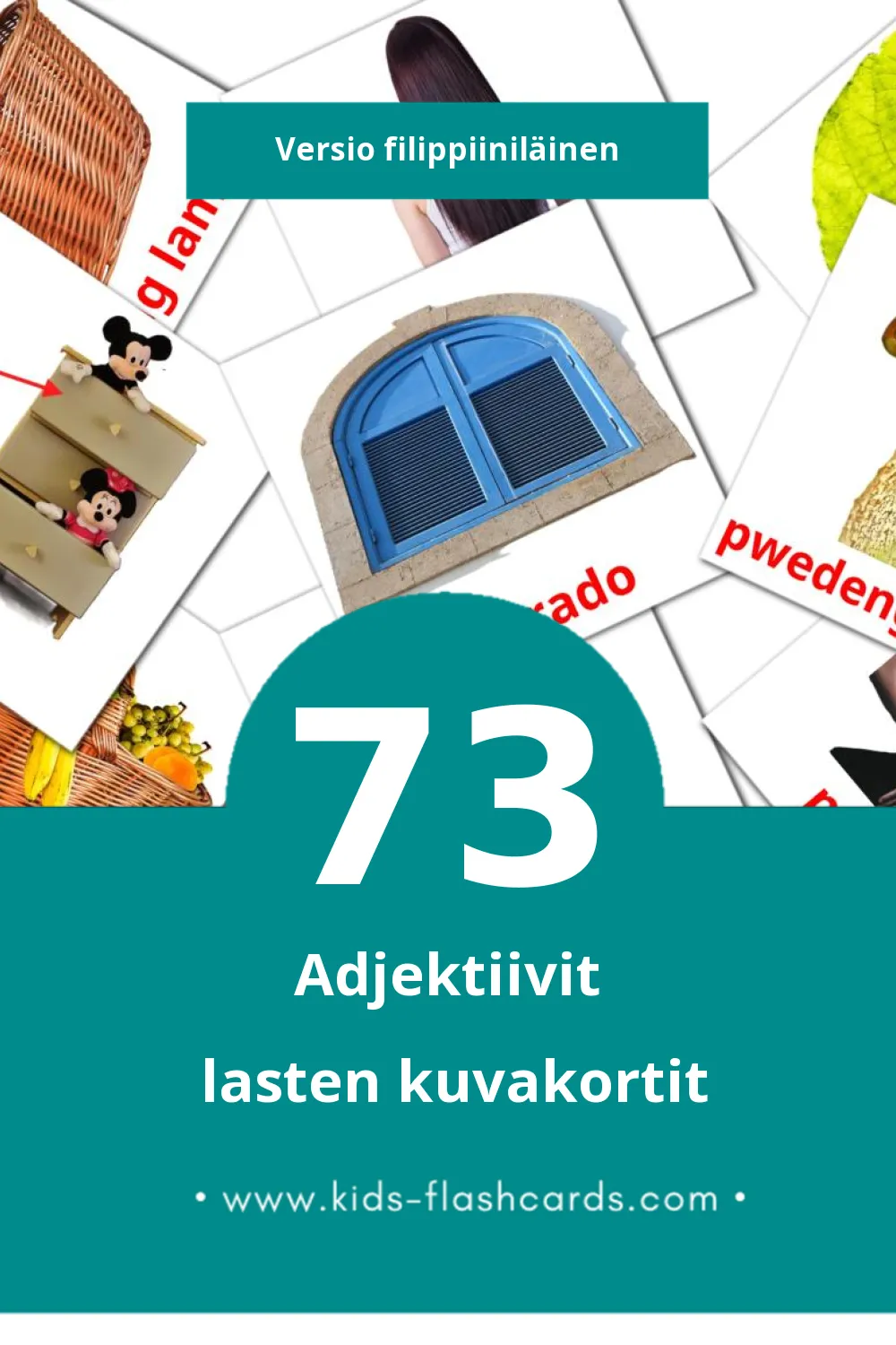 Salitang pangdiwa lasten kuvakortit pikkulapsille (73 korttia Filippiiniläiseksi)