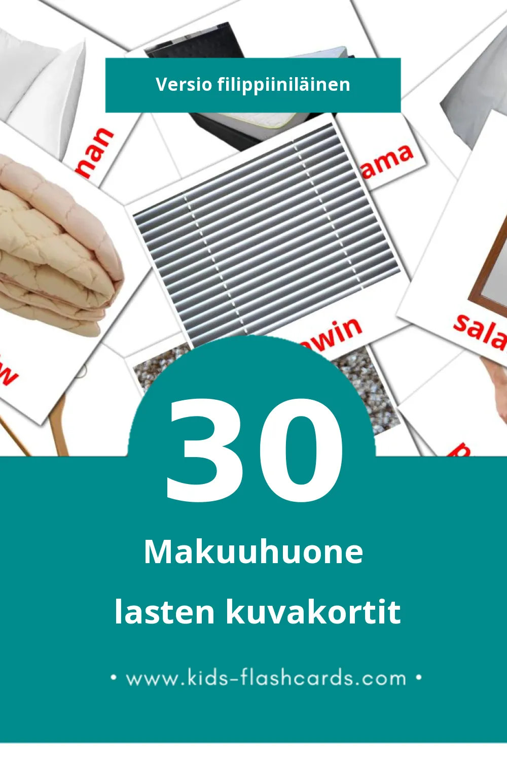Silid-tulugan lasten kuvakortit pikkulapsille (30 korttia Filippiiniläiseksi)
