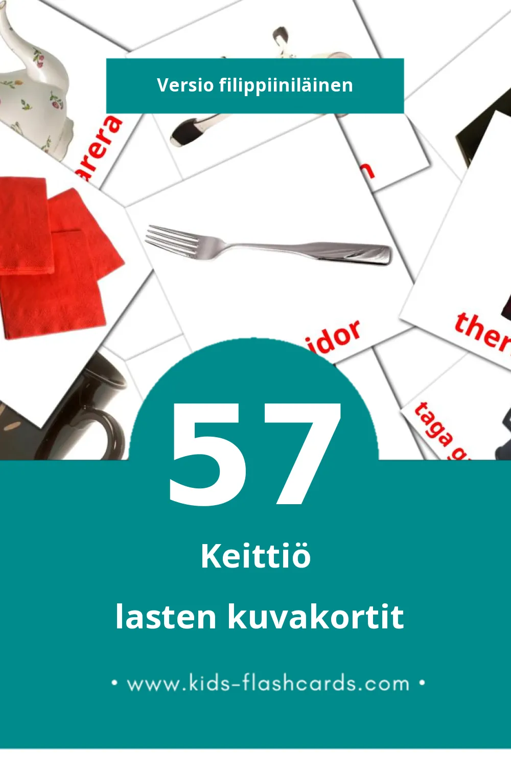 Kusina lasten kuvakortit pikkulapsille (57 korttia Filippiiniläiseksi)