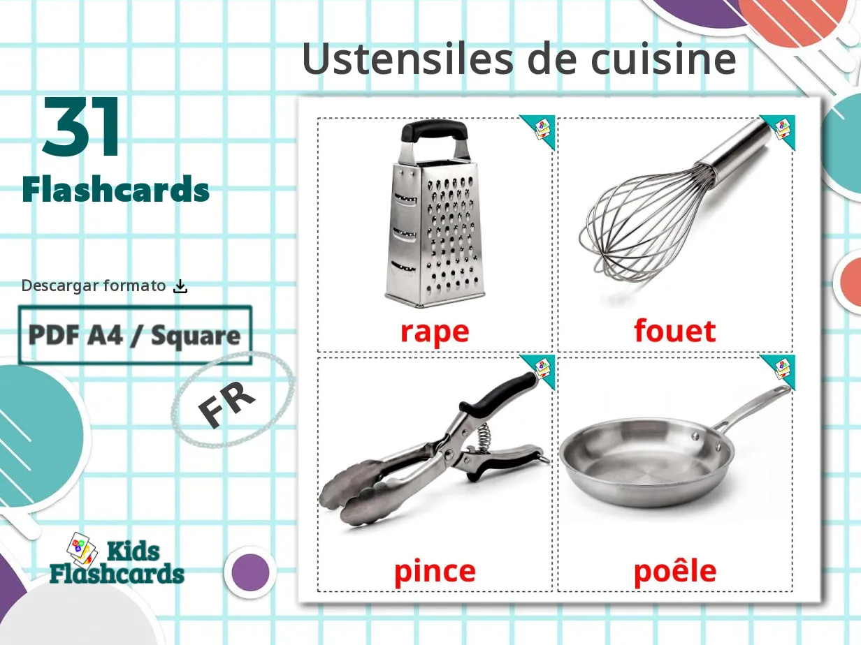 31 Tarjetas de Aprendizaje de Utensilios de cocina GRATIS en PDF