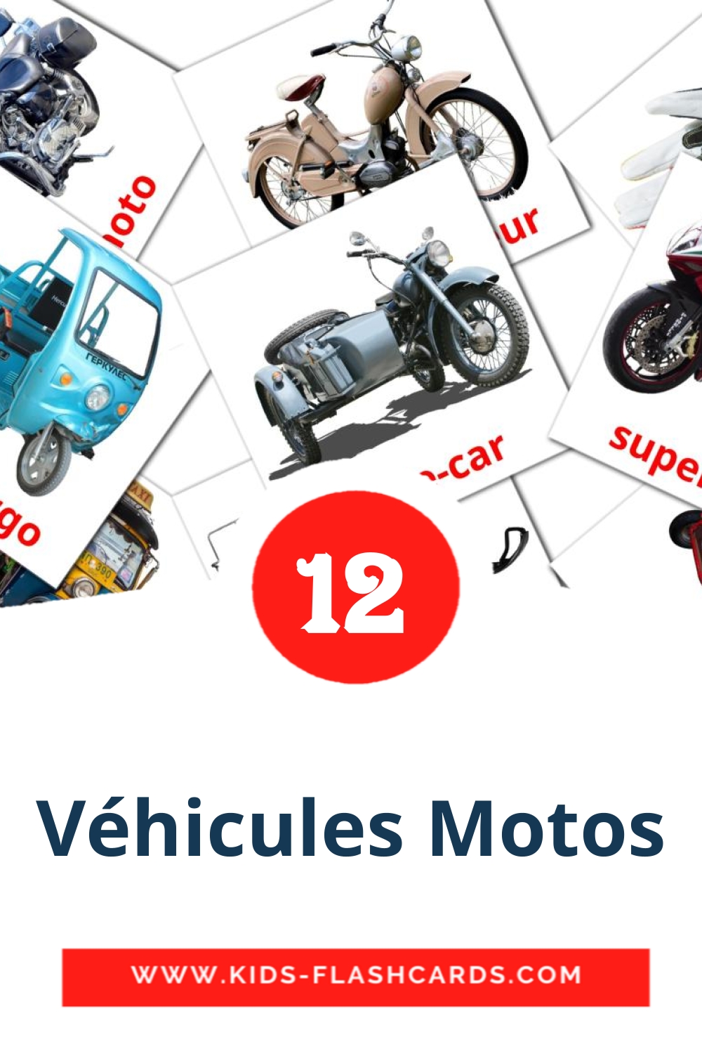 14 cartes illustrées de Véhicules Motos pour la maternelle en français